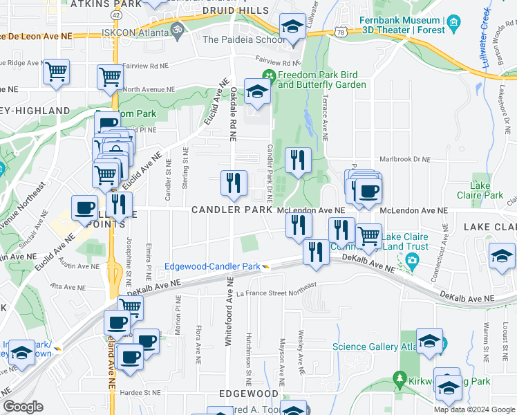 map of restaurants, bars, coffee shops, grocery stores, and more near 1436 McLendon Avenue Northeast in Atlanta