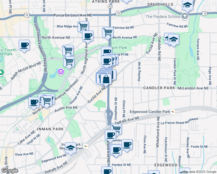 map of restaurants, bars, coffee shops, grocery stores, and more near in Atlanta