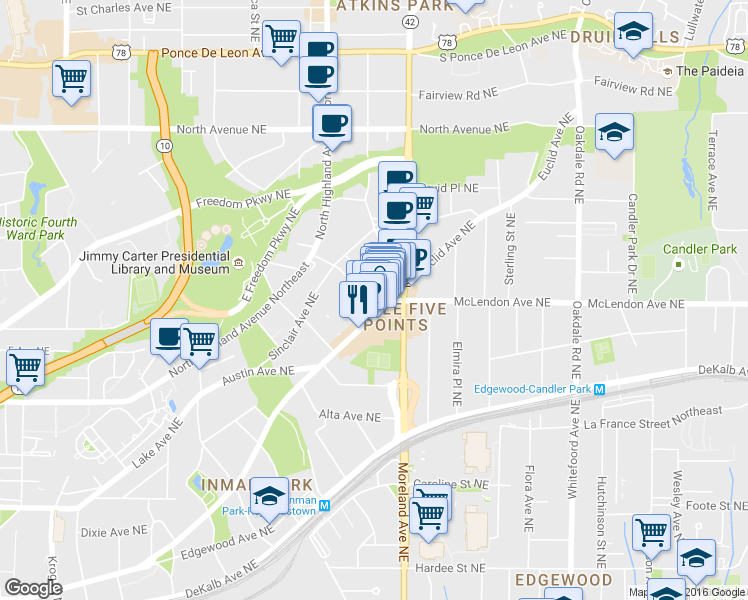 map of restaurants, bars, coffee shops, grocery stores, and more near 1109 Colquitt Avenue Northeast in Atlanta