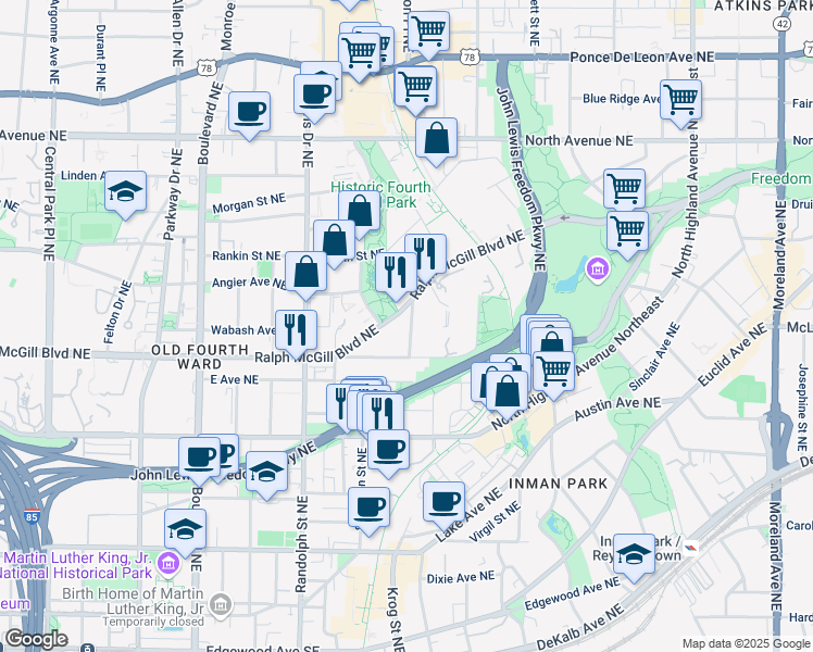 map of restaurants, bars, coffee shops, grocery stores, and more near 388 Ashley Avenue Northeast in Atlanta