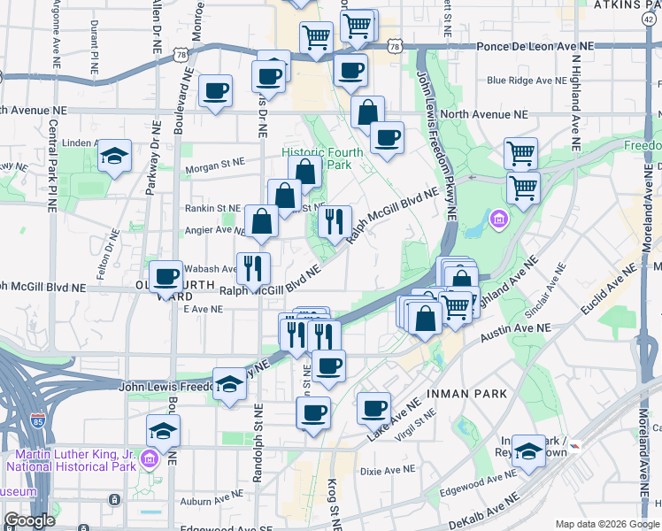 map of restaurants, bars, coffee shops, grocery stores, and more near 697 Ralph McGill Boulevard Northeast in Atlanta