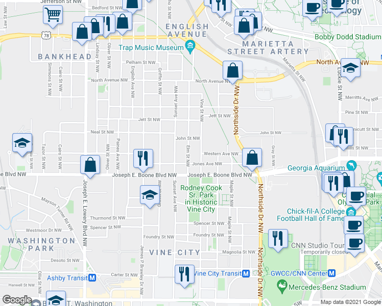 map of restaurants, bars, coffee shops, grocery stores, and more near 384 Vine Street Northwest in Atlanta