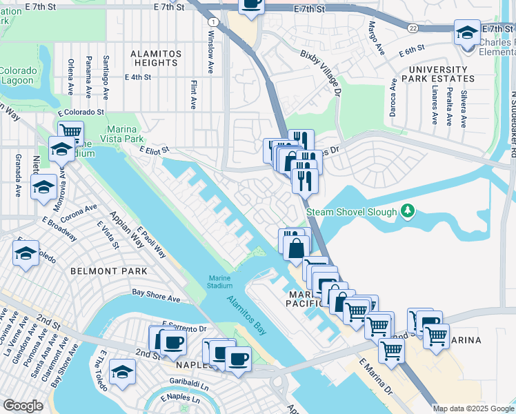map of restaurants, bars, coffee shops, grocery stores, and more near 6203 Cordoba Court in Long Beach