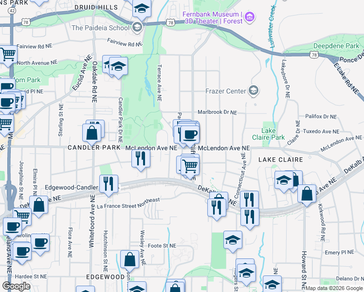 map of restaurants, bars, coffee shops, grocery stores, and more near 1634 McLendon Avenue Northeast in Atlanta