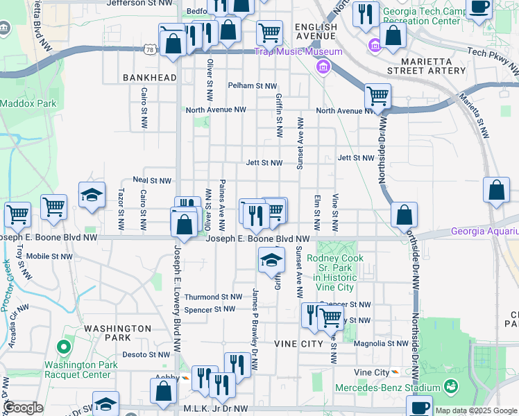 map of restaurants, bars, coffee shops, grocery stores, and more near 377 Chestnut Street Northwest in Atlanta