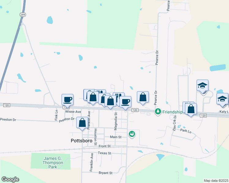 map of restaurants, bars, coffee shops, grocery stores, and more near 201 Jones Circle in Pottsboro