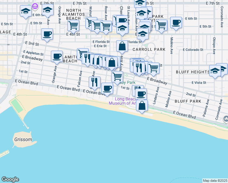 map of restaurants, bars, coffee shops, grocery stores, and more near 1901 East Ocean Boulevard in Long Beach