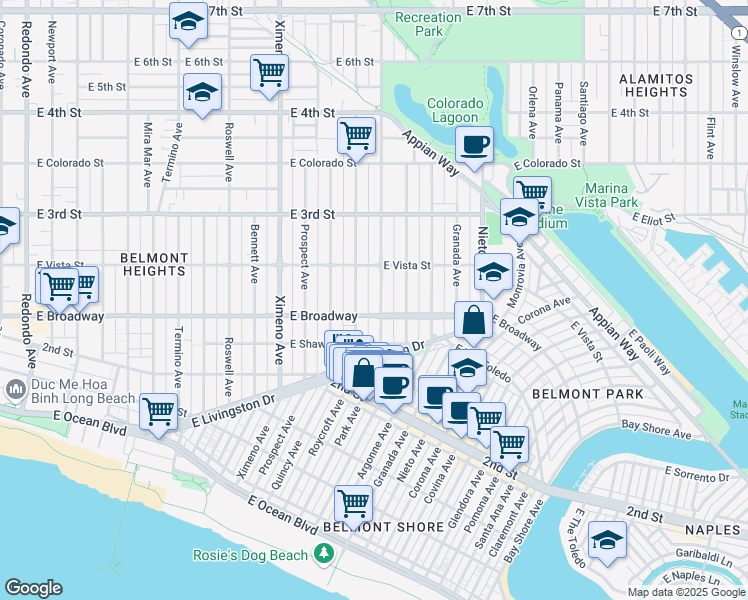map of restaurants, bars, coffee shops, grocery stores, and more near 259 Park Avenue in Long Beach