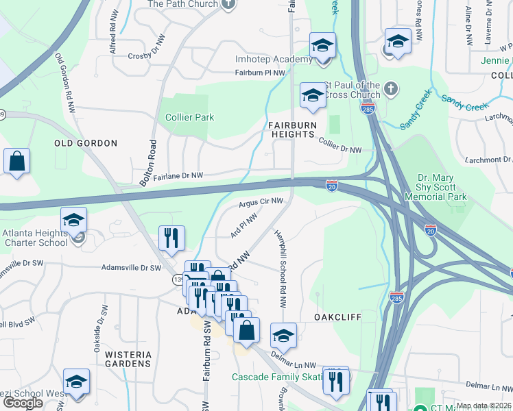 map of restaurants, bars, coffee shops, grocery stores, and more near 362 Ard Place Northwest in Atlanta
