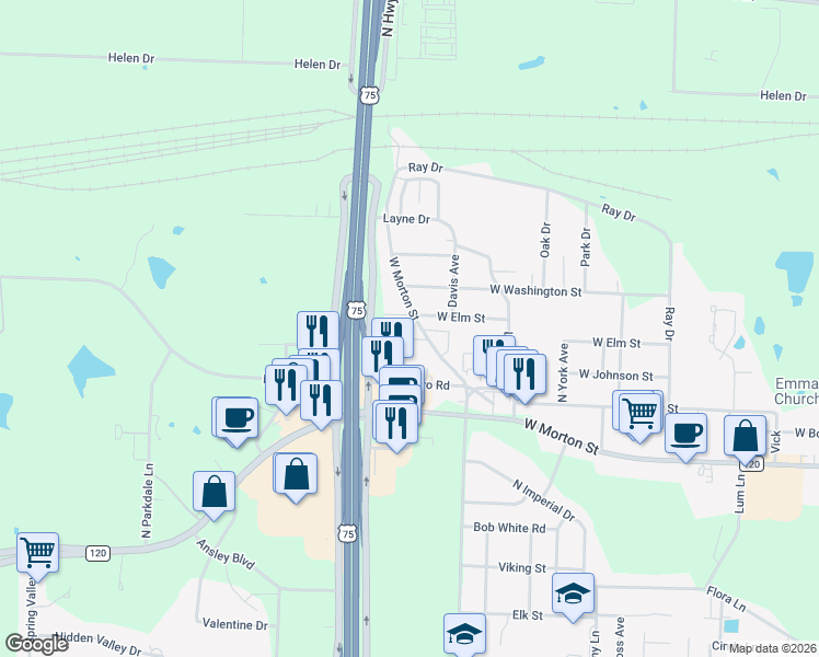 map of restaurants, bars, coffee shops, grocery stores, and more near 2920 West Morton Street in Denison