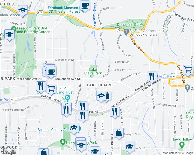 map of restaurants, bars, coffee shops, grocery stores, and more near 396 Lakeshore Drive Northeast in Atlanta