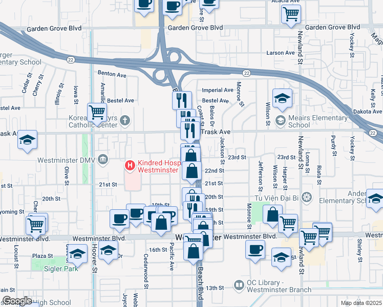map of restaurants, bars, coffee shops, grocery stores, and more near 13611 Beach Boulevard in Westminster