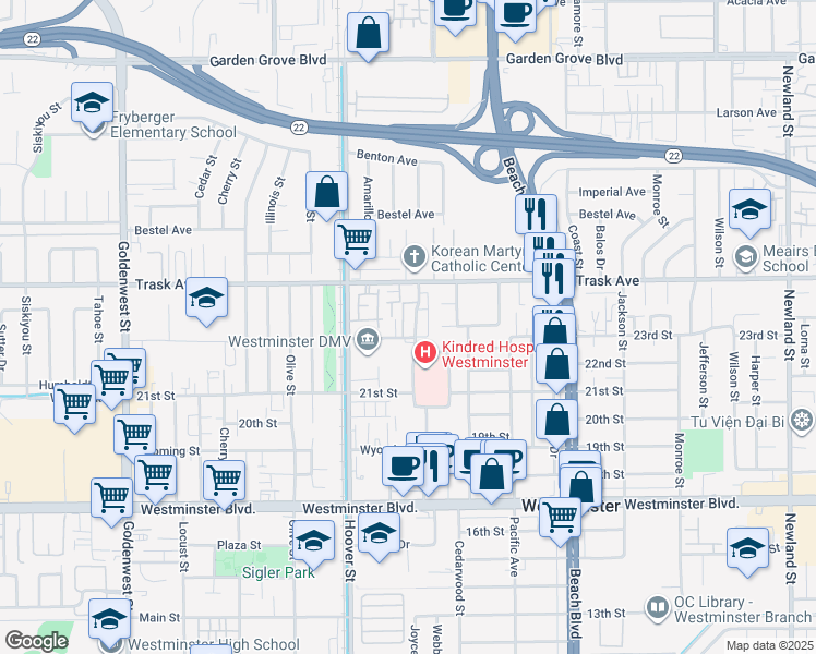 map of restaurants, bars, coffee shops, grocery stores, and more near 13601 Arizona Street in Westminster
