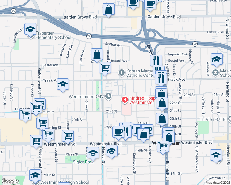 map of restaurants, bars, coffee shops, grocery stores, and more near 7603 23rd Street in Westminster