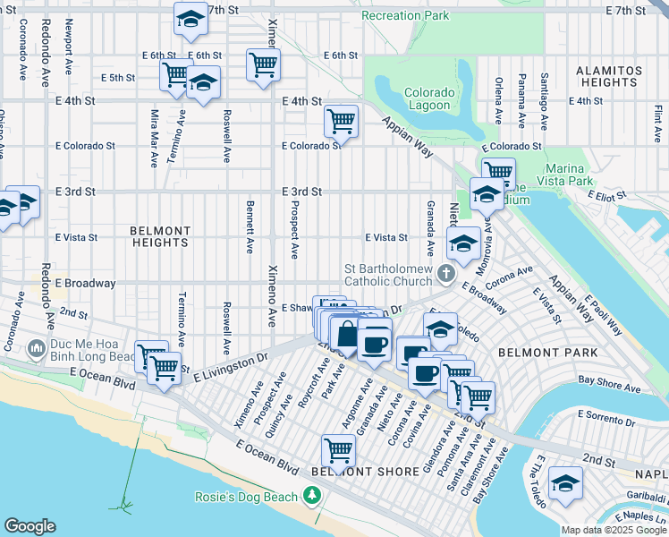 map of restaurants, bars, coffee shops, grocery stores, and more near 231 Roycroft Avenue in Long Beach