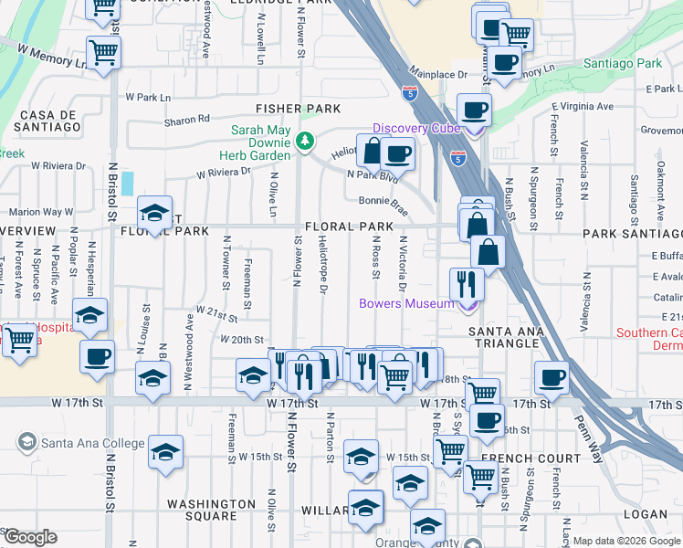 map of restaurants, bars, coffee shops, grocery stores, and more near 2115 Heliotrope Drive in Santa Ana