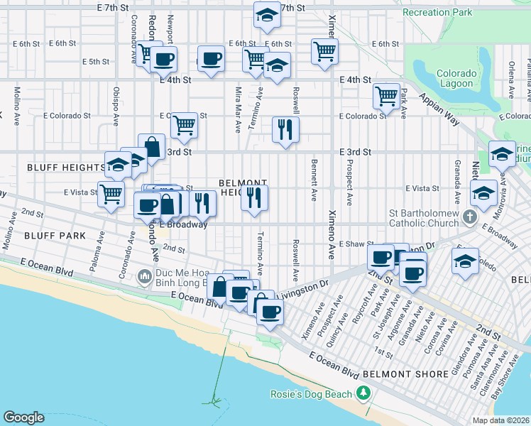 map of restaurants, bars, coffee shops, grocery stores, and more near 234 Termino Avenue in Long Beach