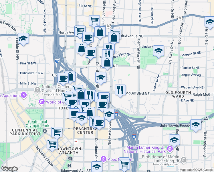 map of restaurants, bars, coffee shops, grocery stores, and more near 396 Piedmont Avenue Northeast in Atlanta