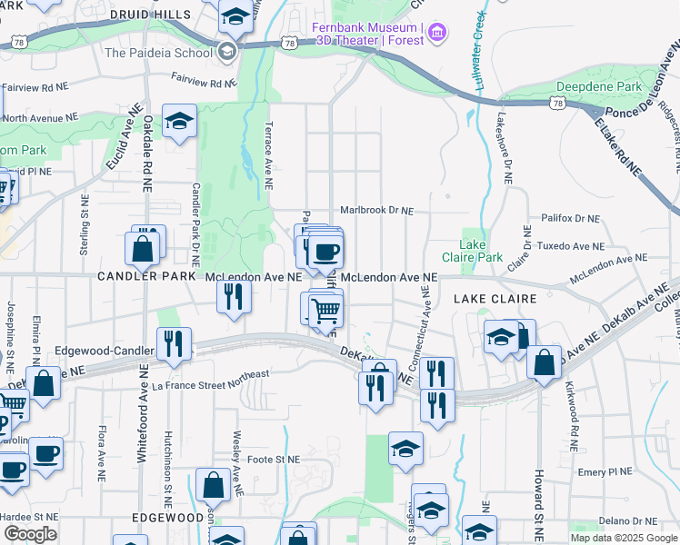 map of restaurants, bars, coffee shops, grocery stores, and more near 401 Clifton Road Northeast in Atlanta