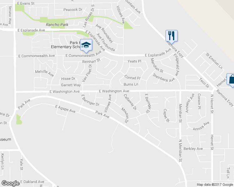 map of restaurants, bars, coffee shops, grocery stores, and more near 1430 East Washington Avenue in San Jacinto