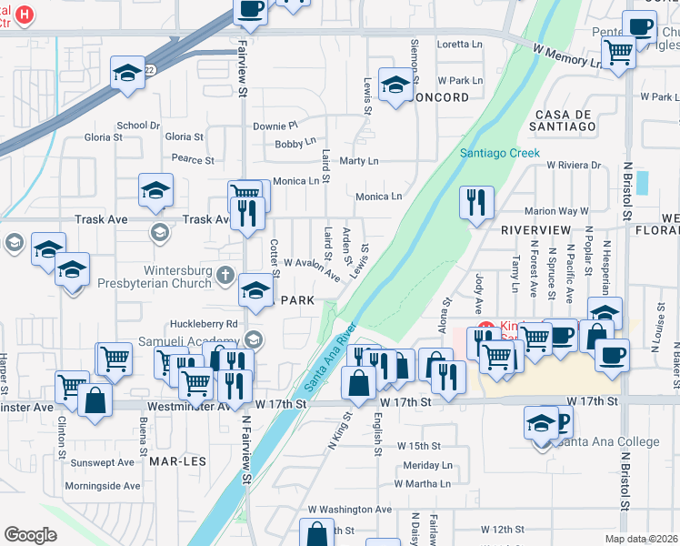 map of restaurants, bars, coffee shops, grocery stores, and more near 2109 West Avalon Avenue in Santa Ana