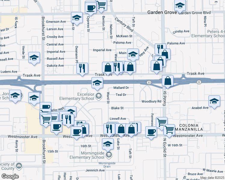 map of restaurants, bars, coffee shops, grocery stores, and more near 10572 Mallard Dr in Garden Grove
