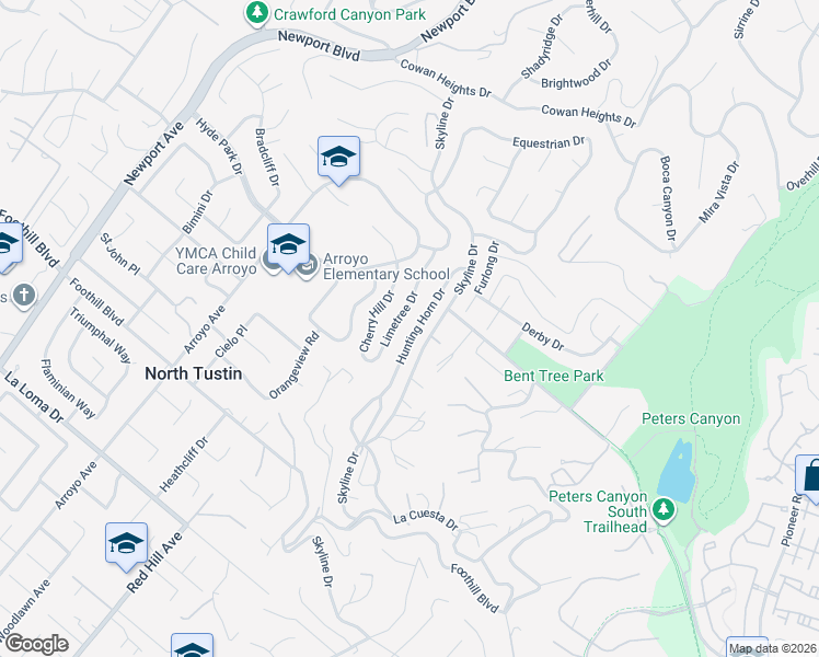 map of restaurants, bars, coffee shops, grocery stores, and more near 11081 Hunting Horn Drive in North Tustin