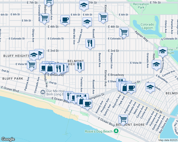 map of restaurants, bars, coffee shops, grocery stores, and more near 234 Belmont Avenue in Long Beach