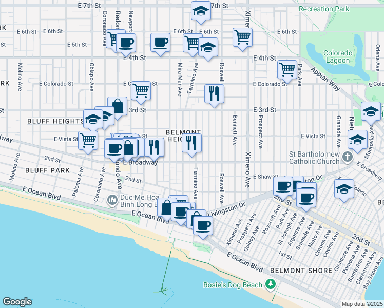map of restaurants, bars, coffee shops, grocery stores, and more near 235 Termino Avenue in Long Beach