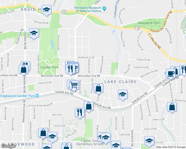 map of restaurants, bars, coffee shops, grocery stores, and more near 1758 McLendon Avenue Northeast in Atlanta