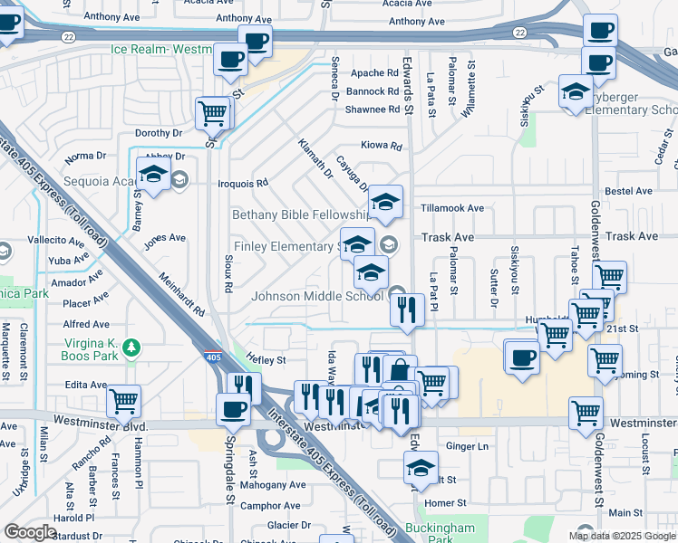 map of restaurants, bars, coffee shops, grocery stores, and more near 13665 Kingsbridge Street in Westminster