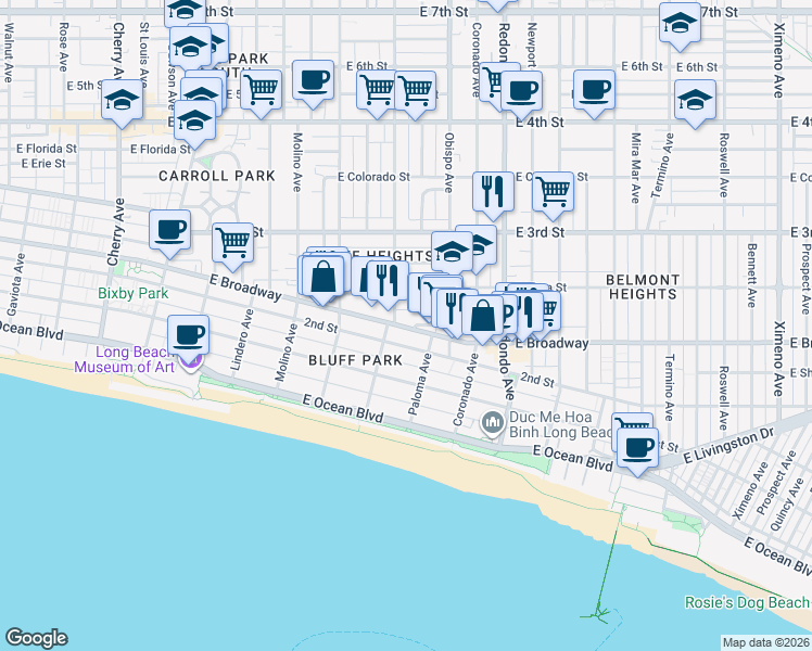 map of restaurants, bars, coffee shops, grocery stores, and more near 3015 East Broadway in Long Beach