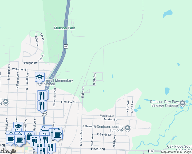 map of restaurants, bars, coffee shops, grocery stores, and more near 1004 North 5th Avenue in Denison