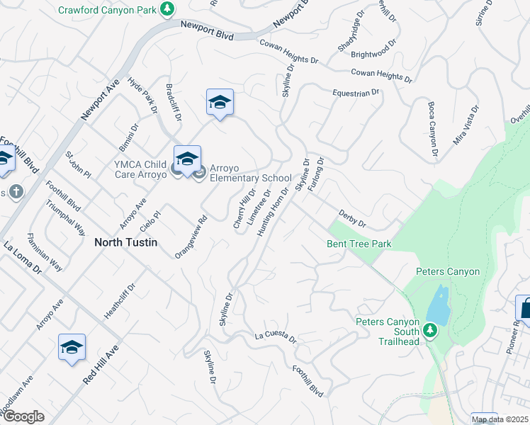 map of restaurants, bars, coffee shops, grocery stores, and more near 11081 Hunting Horn Drive in Santa Ana