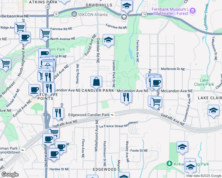 map of restaurants, bars, coffee shops, grocery stores, and more near 410 Candler Park Drive Northeast in Atlanta