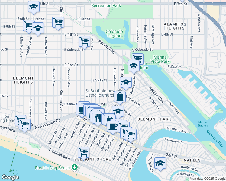 map of restaurants, bars, coffee shops, grocery stores, and more near 259 Granada Avenue in Long Beach