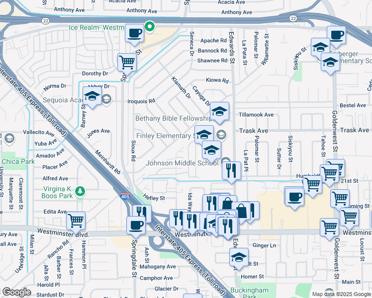 map of restaurants, bars, coffee shops, grocery stores, and more near 13665 Kingsbridge Street in Westminster