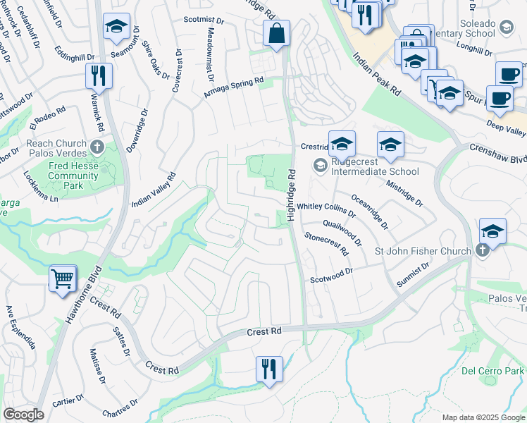 map of restaurants, bars, coffee shops, grocery stores, and more near 9 Arrowhead Lane in Rolling Hills Estates