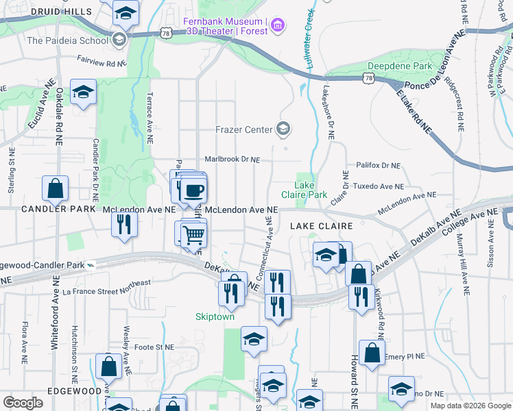map of restaurants, bars, coffee shops, grocery stores, and more near 1778 McLendon Avenue Northeast in Atlanta