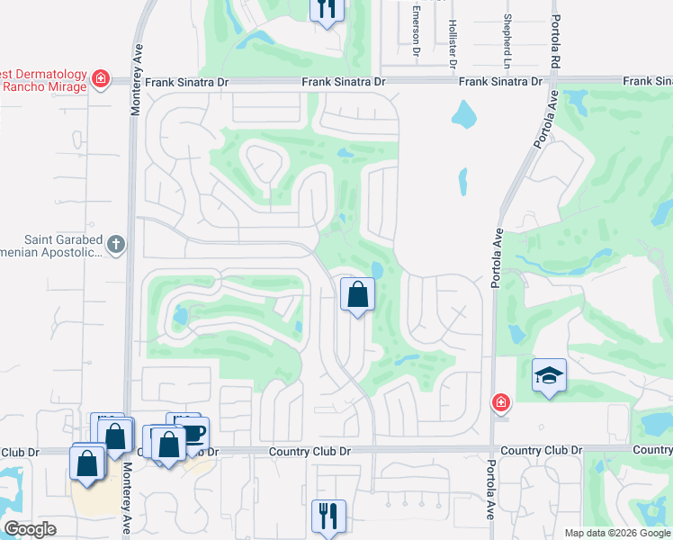 map of restaurants, bars, coffee shops, grocery stores, and more near 38916 Moronga Canyon Drive in Palm Desert