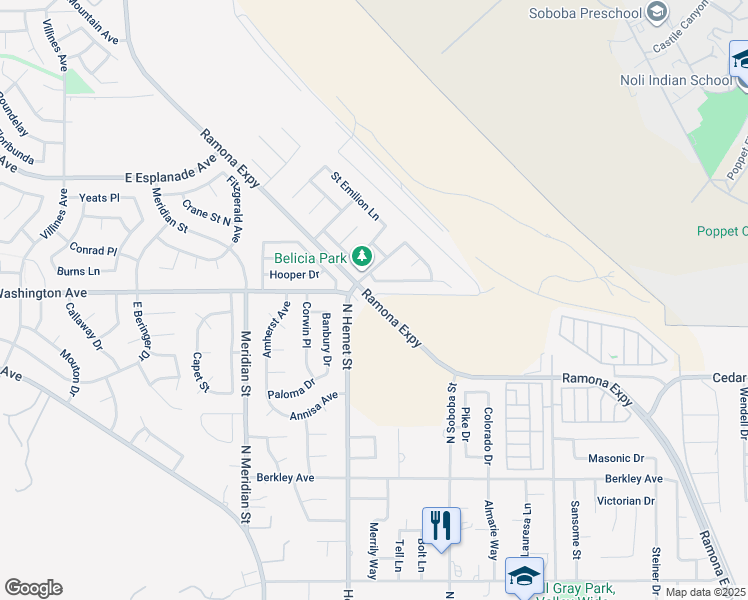 map of restaurants, bars, coffee shops, grocery stores, and more near 70011 Ramona Expressway in Hemet