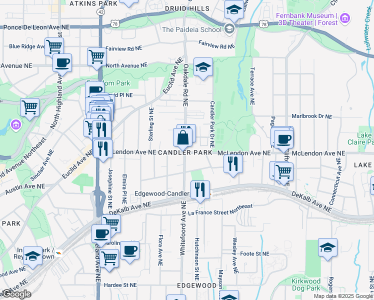 map of restaurants, bars, coffee shops, grocery stores, and more near 1404 McLendon Avenue Northeast in Atlanta