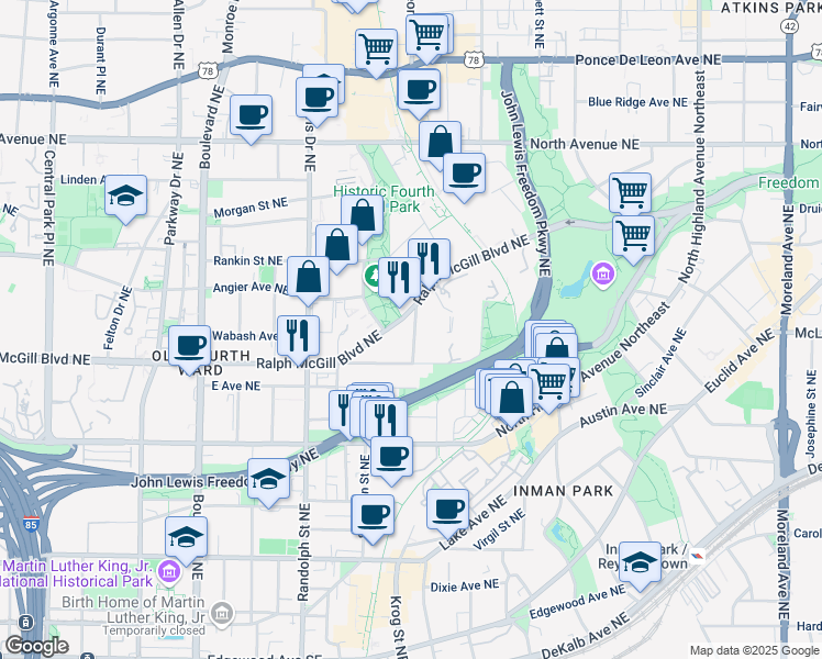 map of restaurants, bars, coffee shops, grocery stores, and more near 388 Ashley Avenue Northeast in Atlanta