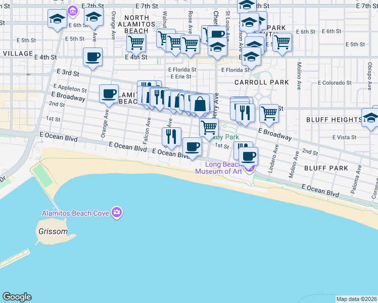 map of restaurants, bars, coffee shops, grocery stores, and more near 1803 East Ocean Boulevard in Long Beach