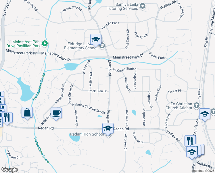 map of restaurants, bars, coffee shops, grocery stores, and more near 1036 Martin Road in Stone Mountain