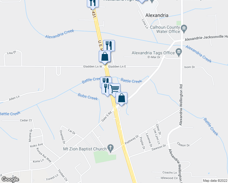 map of restaurants, bars, coffee shops, grocery stores, and more near 6412 U.S. 431 in Alexandria
