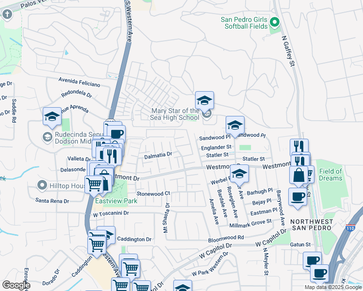 map of restaurants, bars, coffee shops, grocery stores, and more near 2154 Mount Shasta Drive in Los Angeles