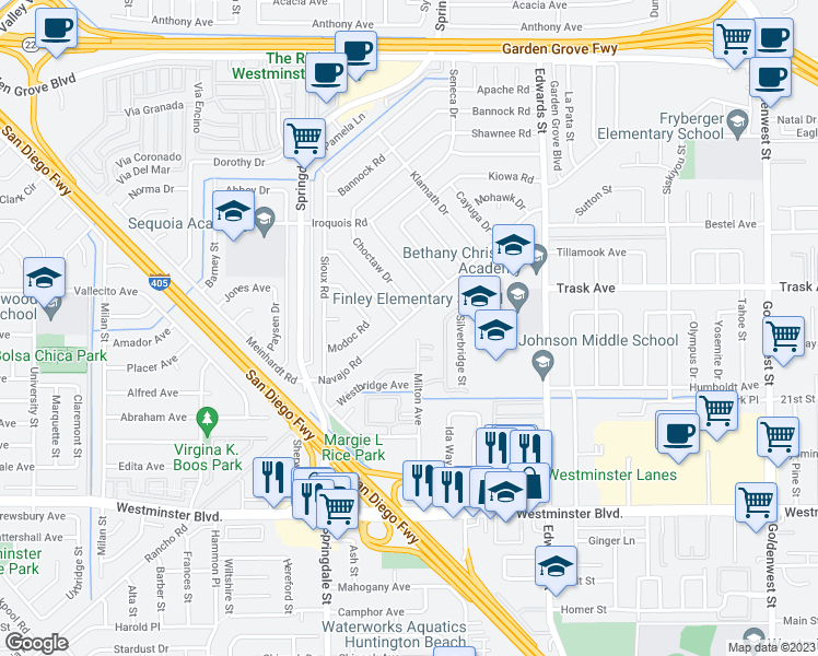 map of restaurants, bars, coffee shops, grocery stores, and more near 6192 Navajo Road in Westminster