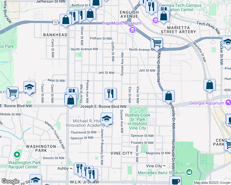map of restaurants, bars, coffee shops, grocery stores, and more near 381 Griffin St NW in Atlanta