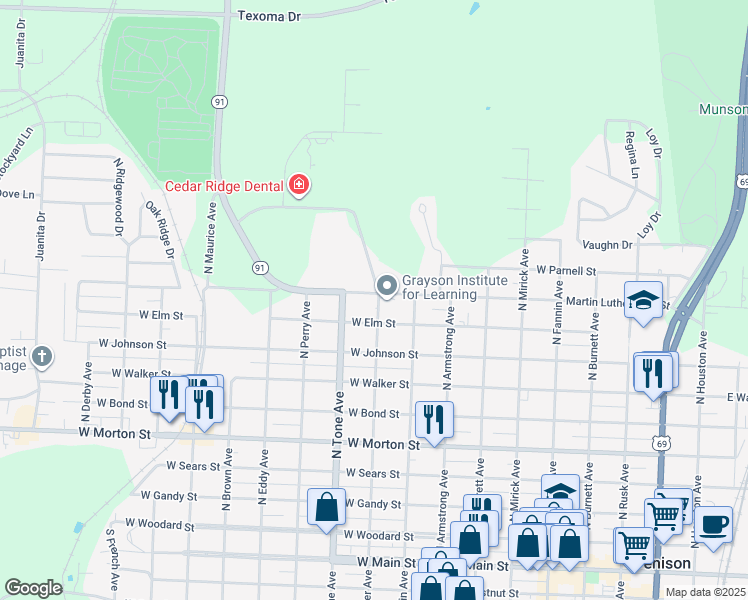 map of restaurants, bars, coffee shops, grocery stores, and more near 1000 Martin Luther King Street in Denison